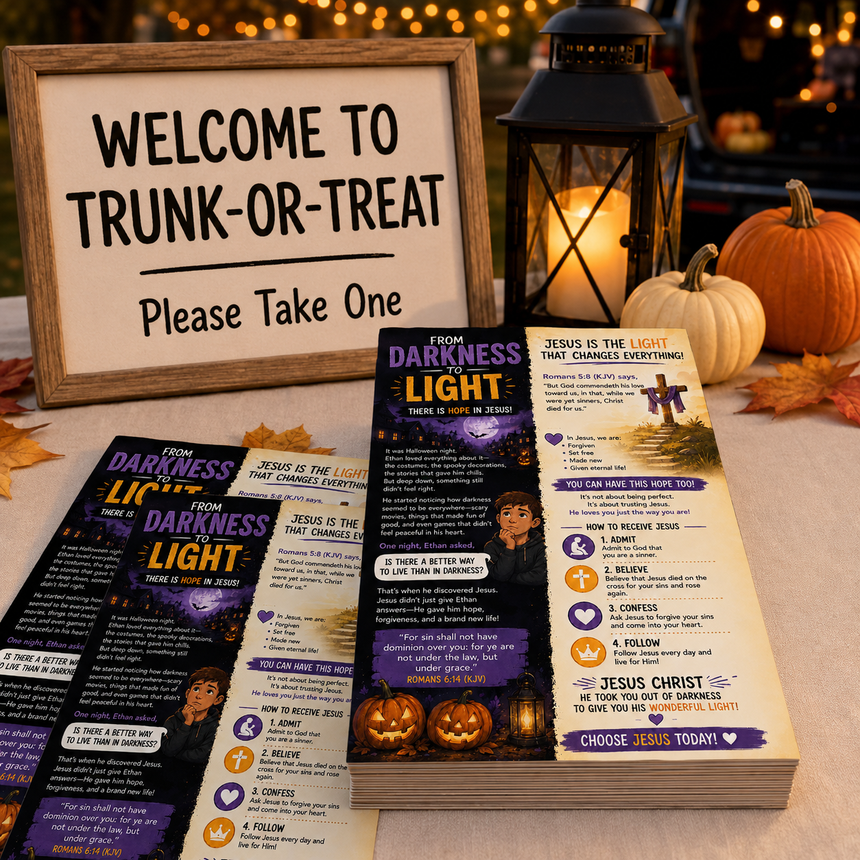 Halloween-themed 'Trunk or Treat' religious pamphlets displayed on a wooden table alongside a wooden sign reading 'Welcome to Trunk-Or-Treat Please Take One', a black lantern, pumpkins, and autumn leaves.