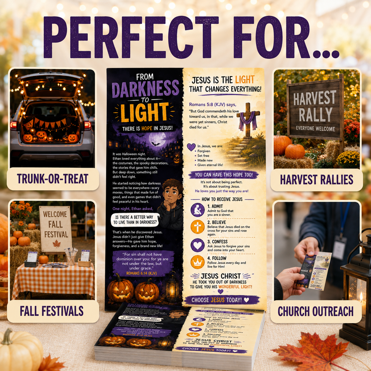 A promotional collage for a Halloween-themed prayer card set titled 'PERFECT FOR.