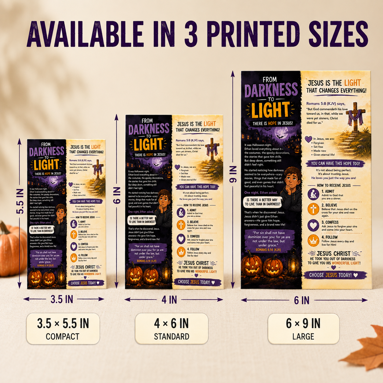 A size comparison graphic for a Halloween-themed vertical poster, showing three printed sizes labeled compact 3.5 x 5.
