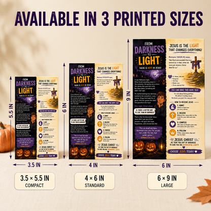 A size comparison graphic for a Halloween-themed vertical poster, showing three printed sizes labeled compact 3.5 x 5.