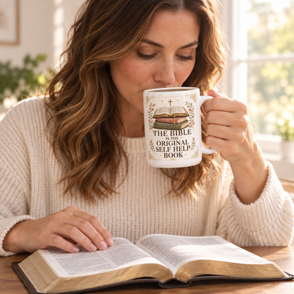A woman in a cream knit sweater reads in a bright room while holding a white ceramic mug with a graphic of a Bible and the text 'THE BIBLE IS THE ORIGINAL SELF HELP BOOK'. An open book lies on the table in front of her.