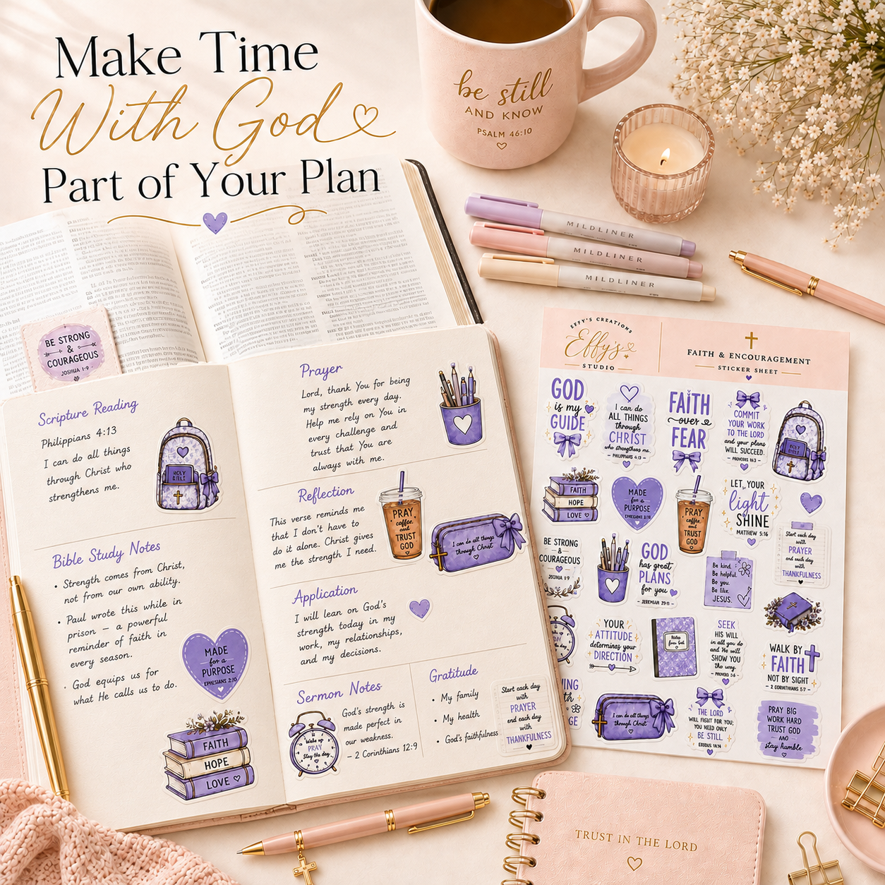 Christian faith sticker sheet displayed with an open Bible, prayer journal, planner and devotional supplies.