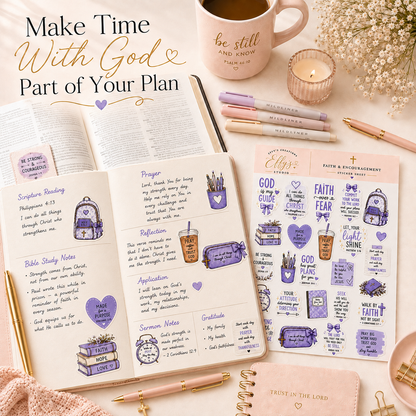 Christian faith sticker sheet displayed with an open Bible, prayer journal, planner and devotional supplies.