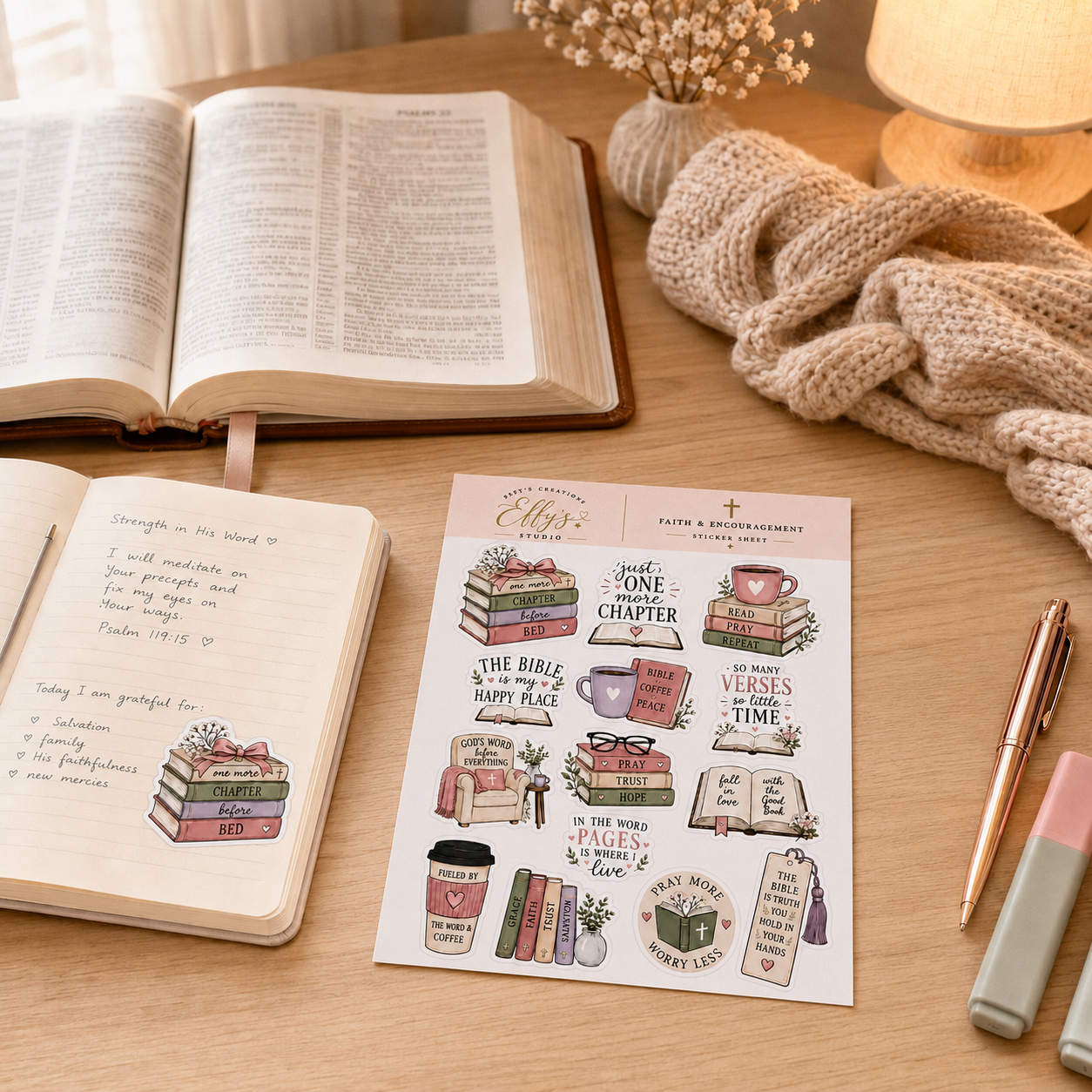 Christian bookish sticker sheet beside an open Bible and journal for faith-filled devotional time