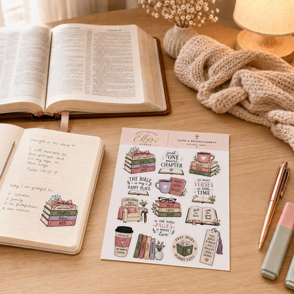 Christian bookish sticker sheet beside an open Bible and journal for faith-filled devotional time