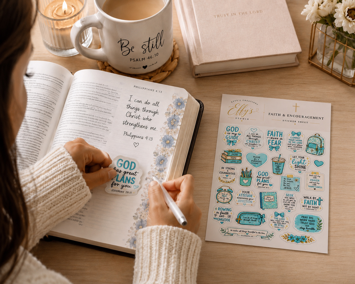 Woman using Christian Bible journaling stickers during Bible study and prayer journaling with an open Bible