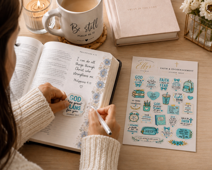 Woman using Christian Bible journaling stickers during Bible study and prayer journaling with an open Bible