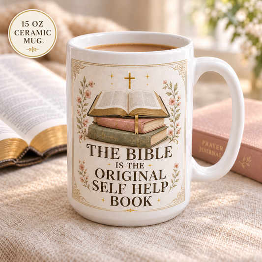 White Bible study mug with vintage-inspired books, florals and the message “The Bible Is the Original Self Help Book”