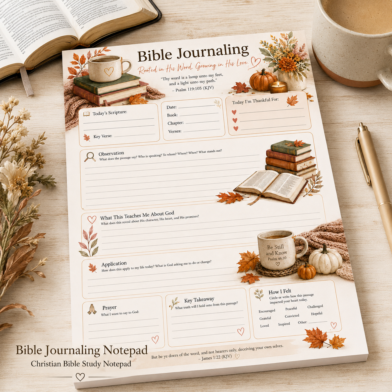 8.5 x 11 Bible study notepad for women with guided Scripture, prayer and reflection sections