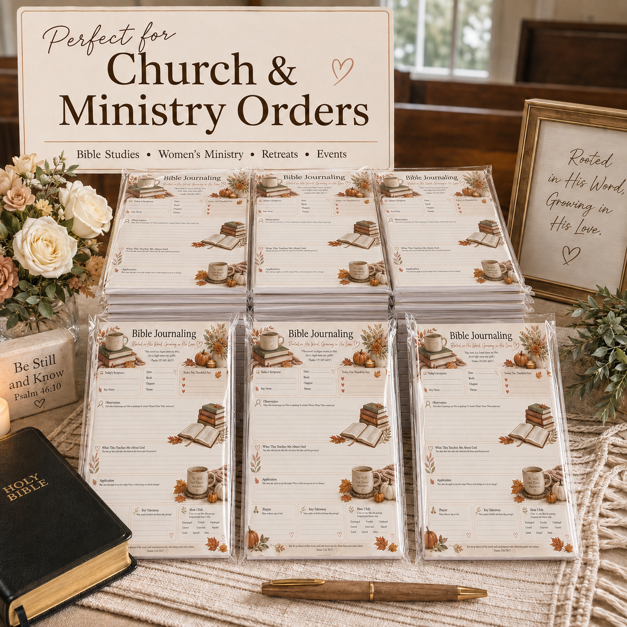 Bible study notepads arranged for women's ministry, church groups and retreats