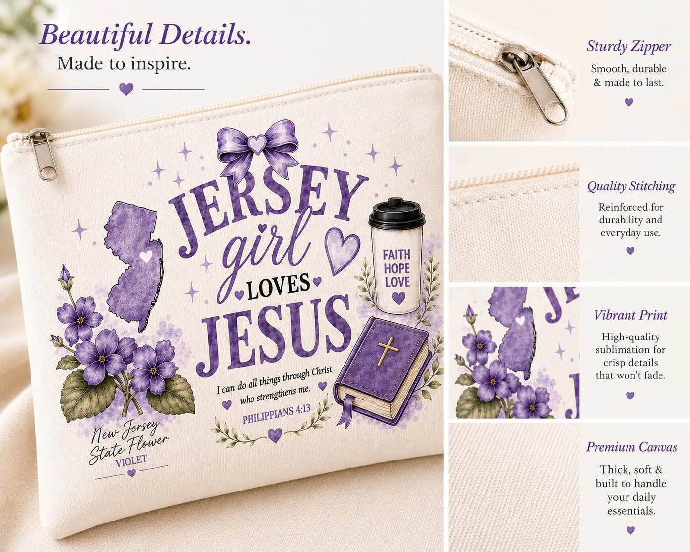 Christian makeup bag featuring Jersey Girl Loves Jesus Bible verse artwork