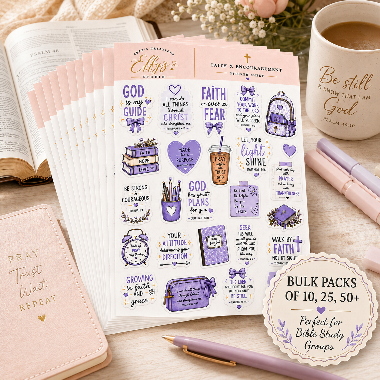 Bulk packs of purple Christian faith sticker sheets for Bible study groups, women’s ministry and church events.