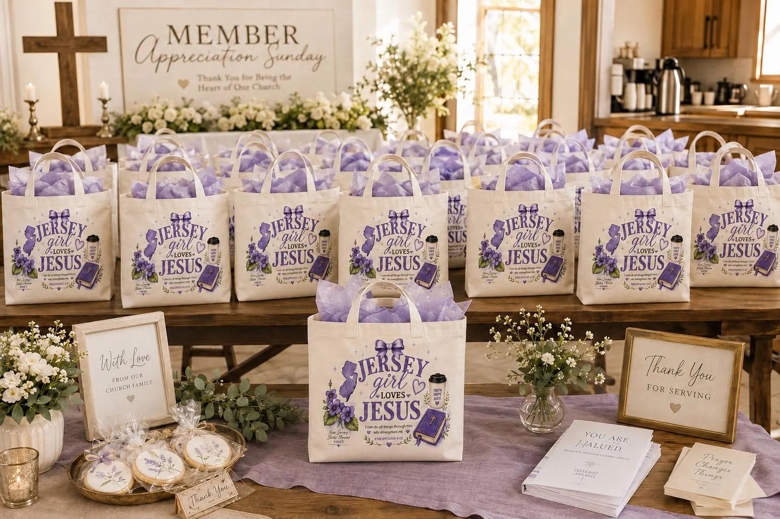 Multiple Jersey Girl Loves Jesus tote bags displayed for group and gift orders
