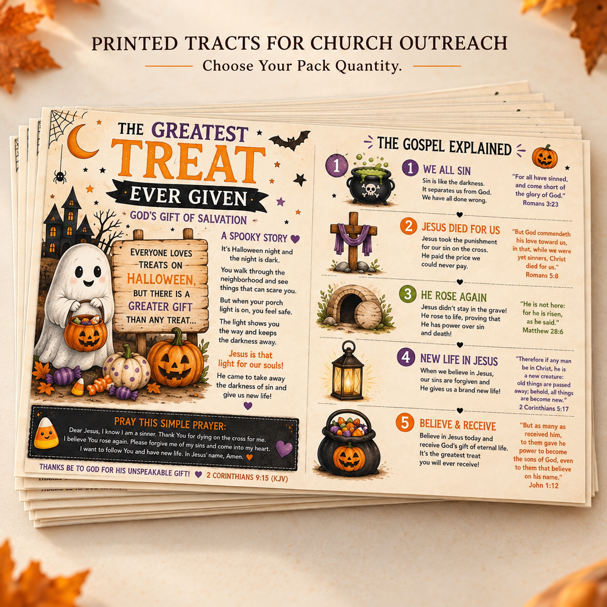 Stacked copies of “The Greatest Treat Ever Given” printed Halloween gospel tract