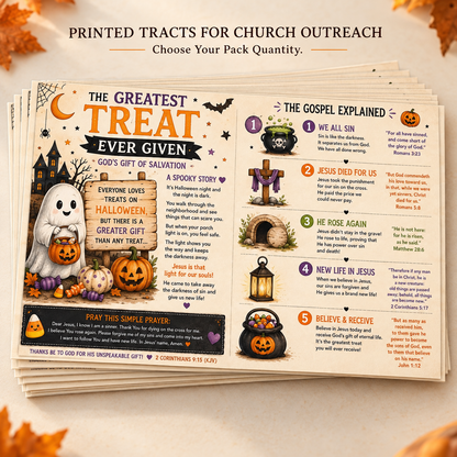 Stacked copies of “The Greatest Treat Ever Given” printed Halloween gospel tract