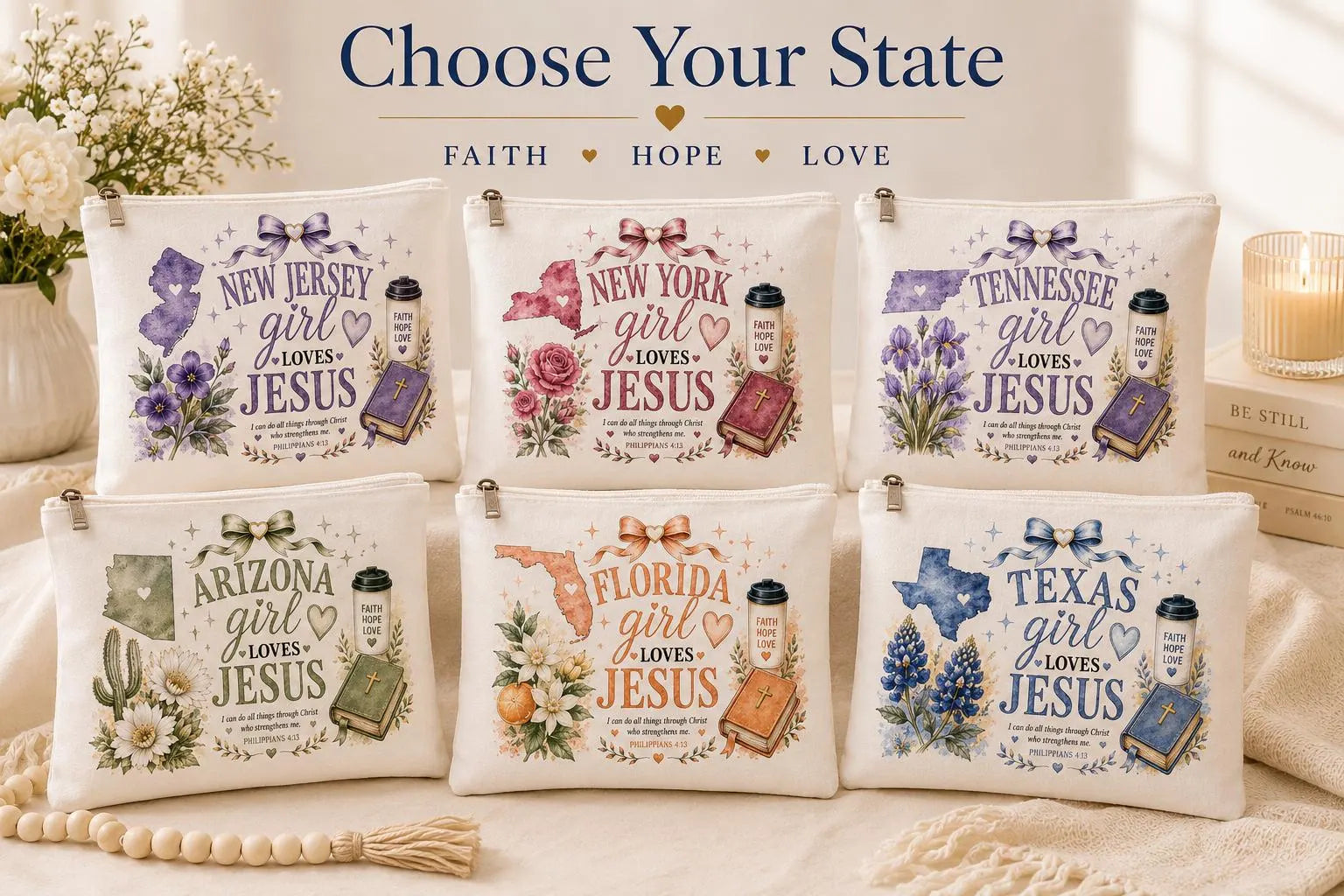 Choose your state Christian makeup bag collection with Girl Loves Jesus designs