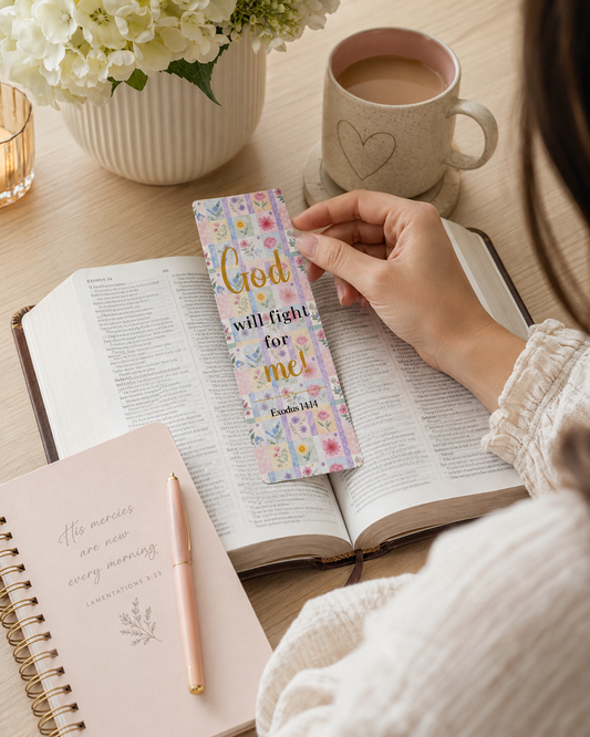 Christian Bible bookmark marking a page during Bible study