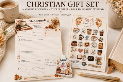 Christian Bible journaling gift set with study notepad, faith sticker sheet and magnetic bookmark
