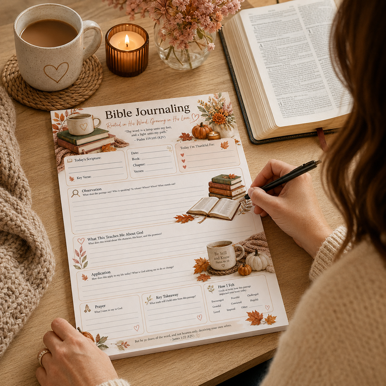 Christian Bible study notepad styled beside an open Bible for devotional study