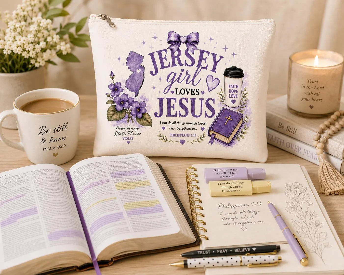 Christian Bible study pouch styled with Bible, journal and study supplies