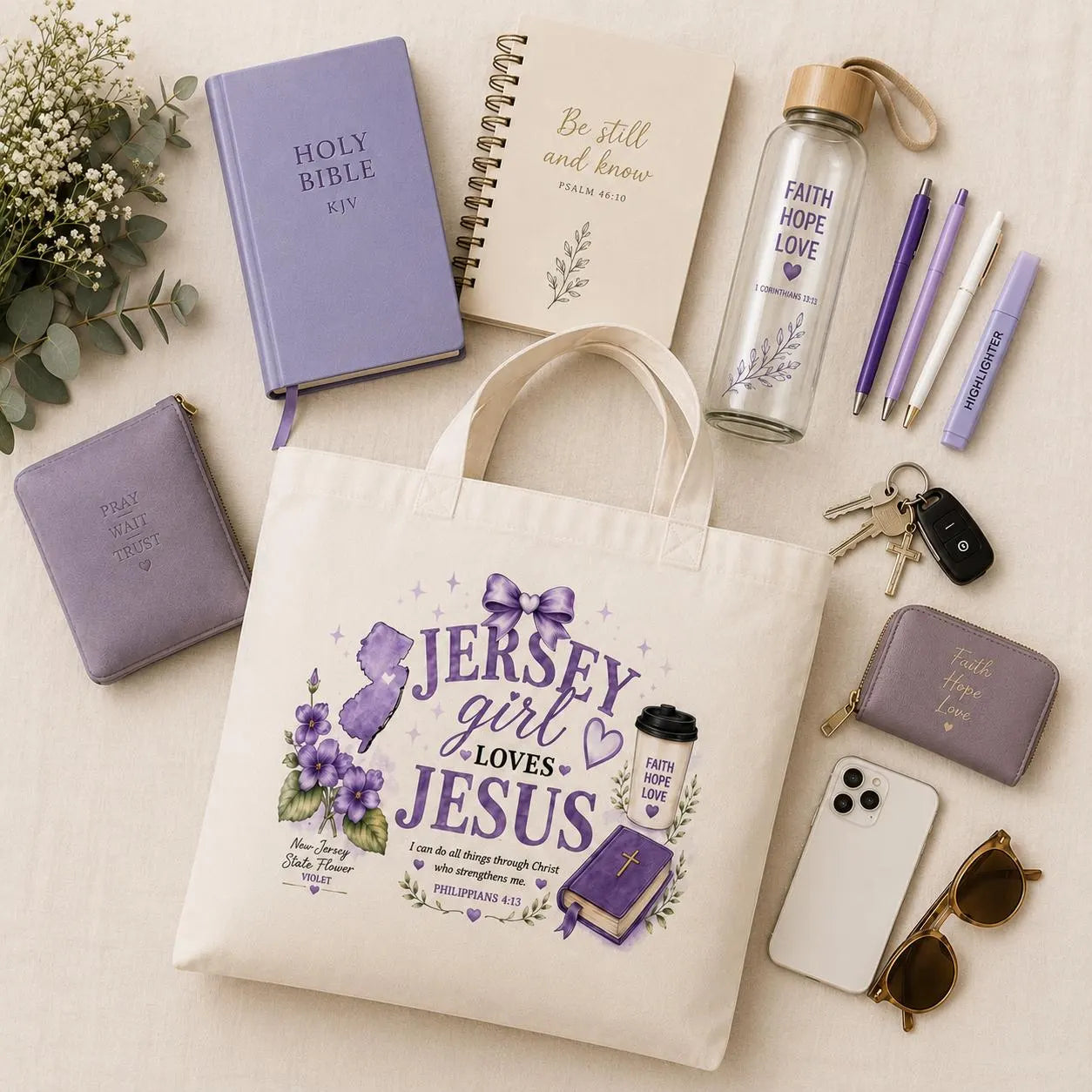 Jersey Girl Loves Jesus Bible study tote with Bible, notebook, water bottle and pens