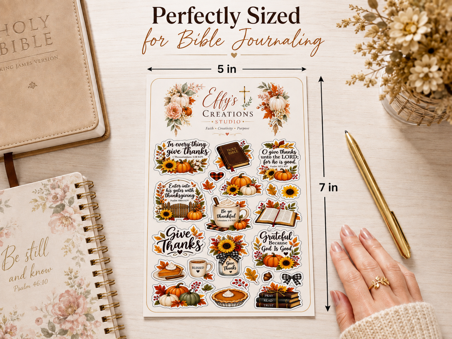 Christian Bible verse sticker sheet shown with product size and fall faith designs