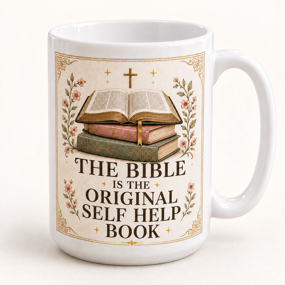 lover-mug-artwork-detail.jpg
Close view of the Bible, stacked books, cross and floral artwork on a white ceramic mug