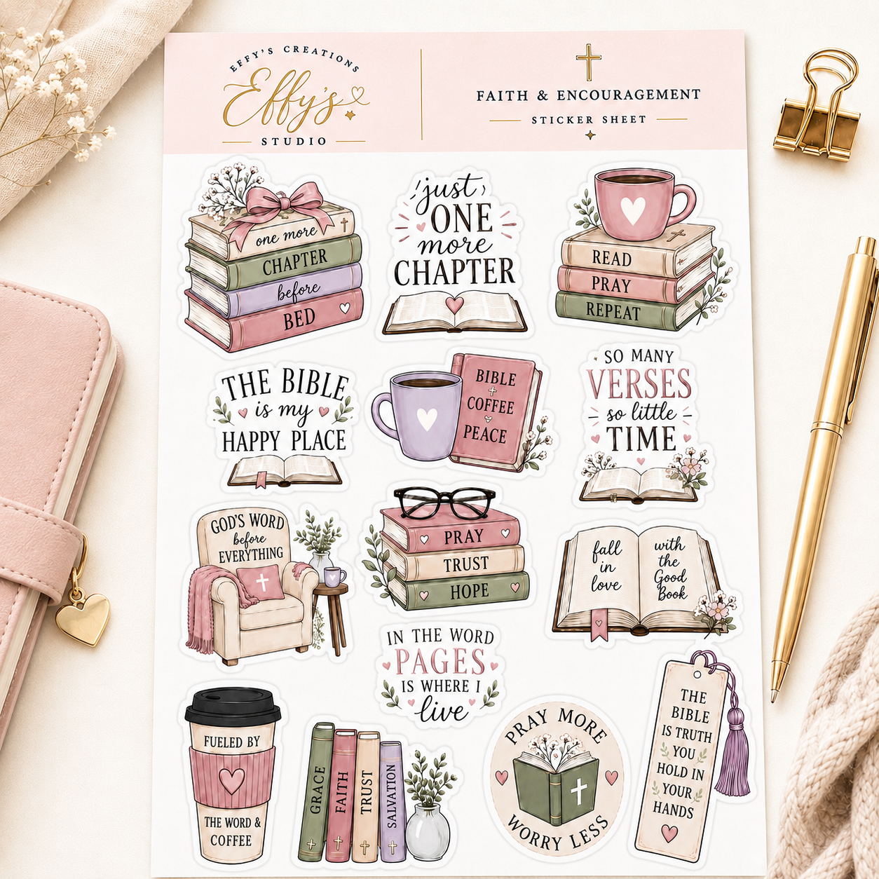 Christian bookish sticker sheet featuring Bibles, books, coffee and faith-inspired reading designs