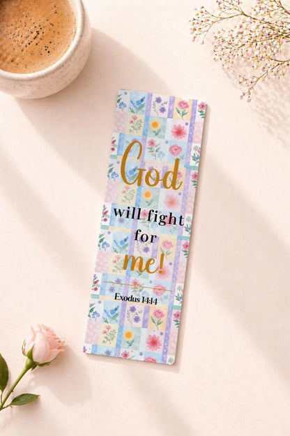Close-up of floral Christian bookmark showing printed design and finish