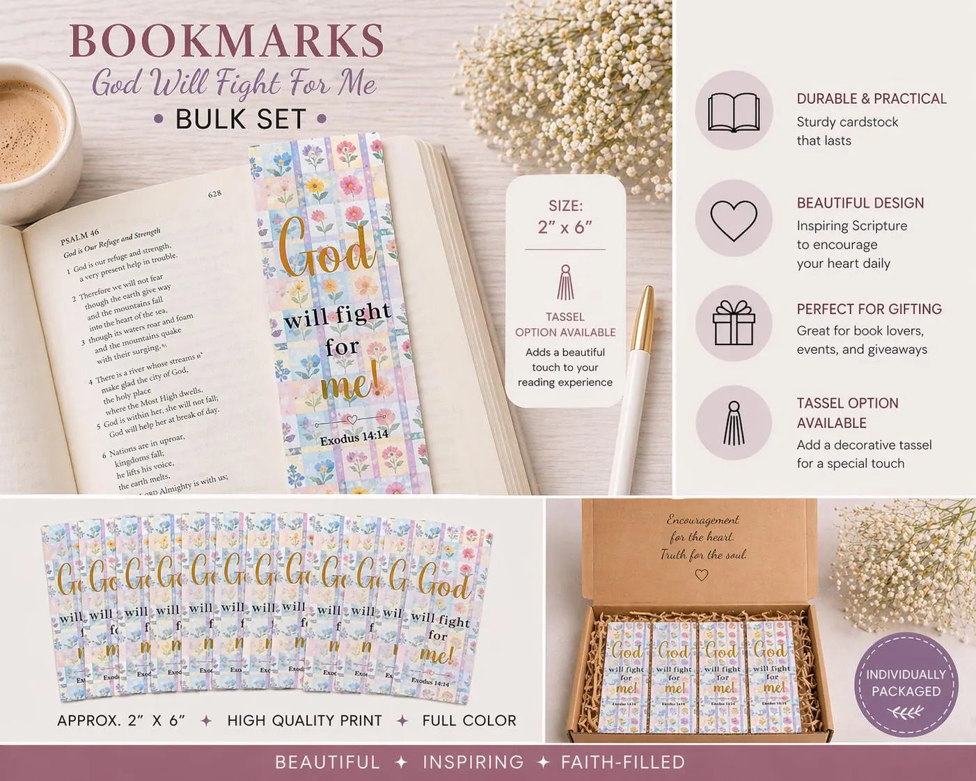 Christian bookmark shown inside an open Bible for size reference