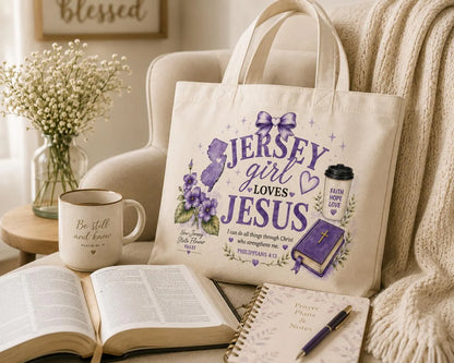 Natural canvas Christian tote bag styled for church, Bible study and everyday use