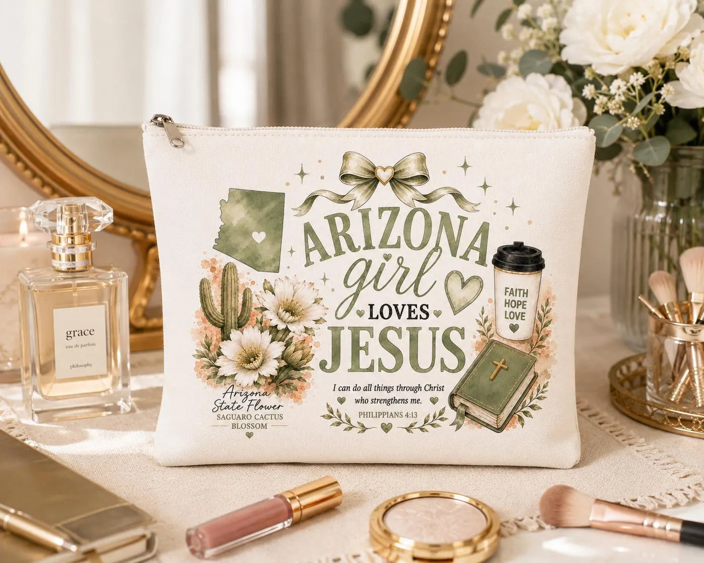 Christian cosmetic bag for women styled with feminine everyday essentials