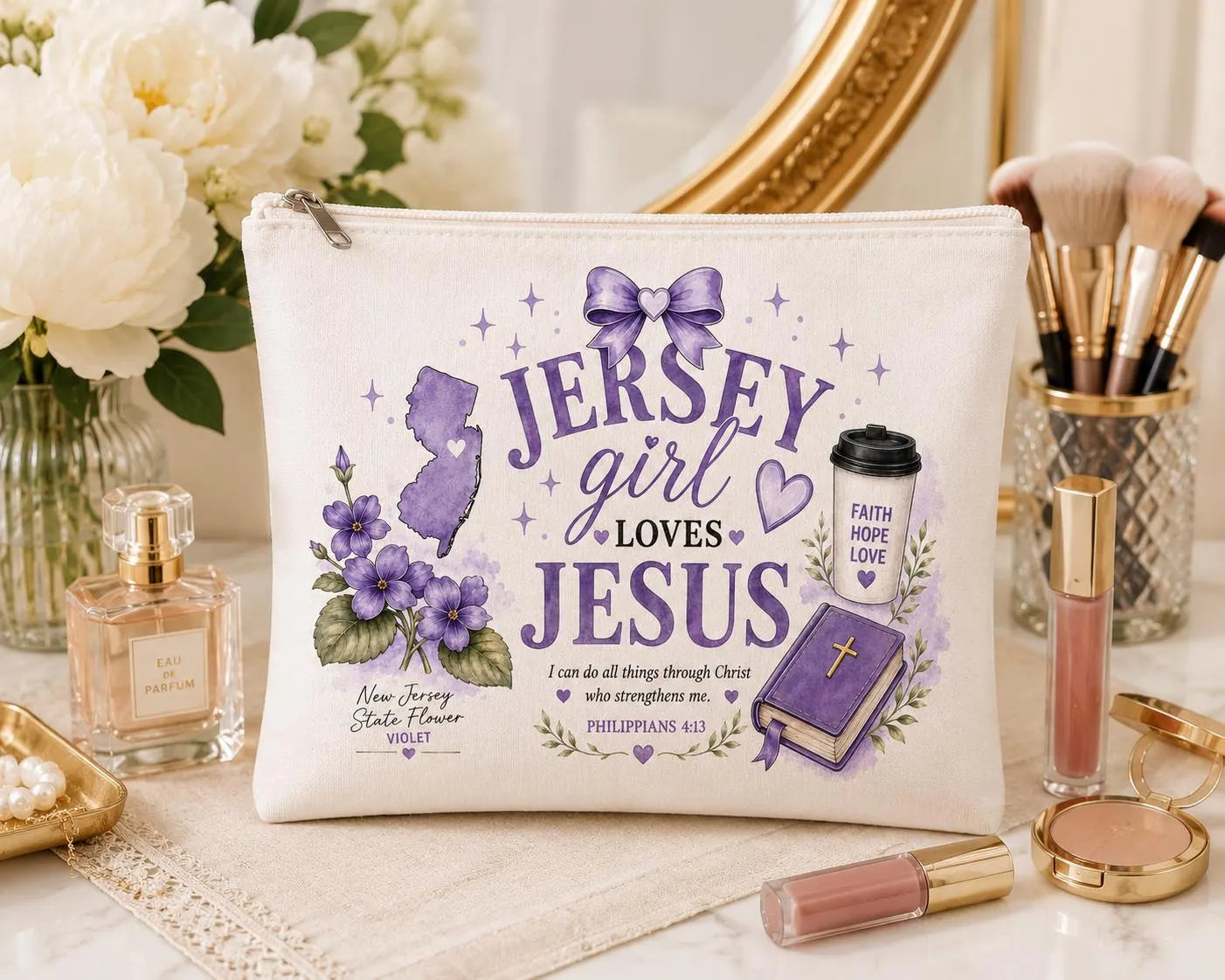 Purple floral Christian cosmetic bag styled with women's beauty essentials