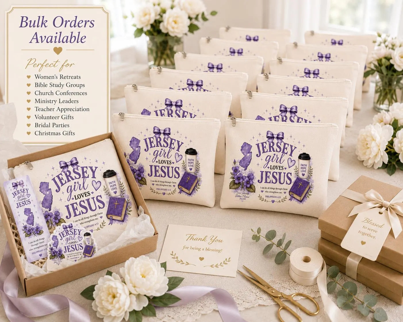 Christian cosmetic pouches arranged for women's ministry and faith gifts