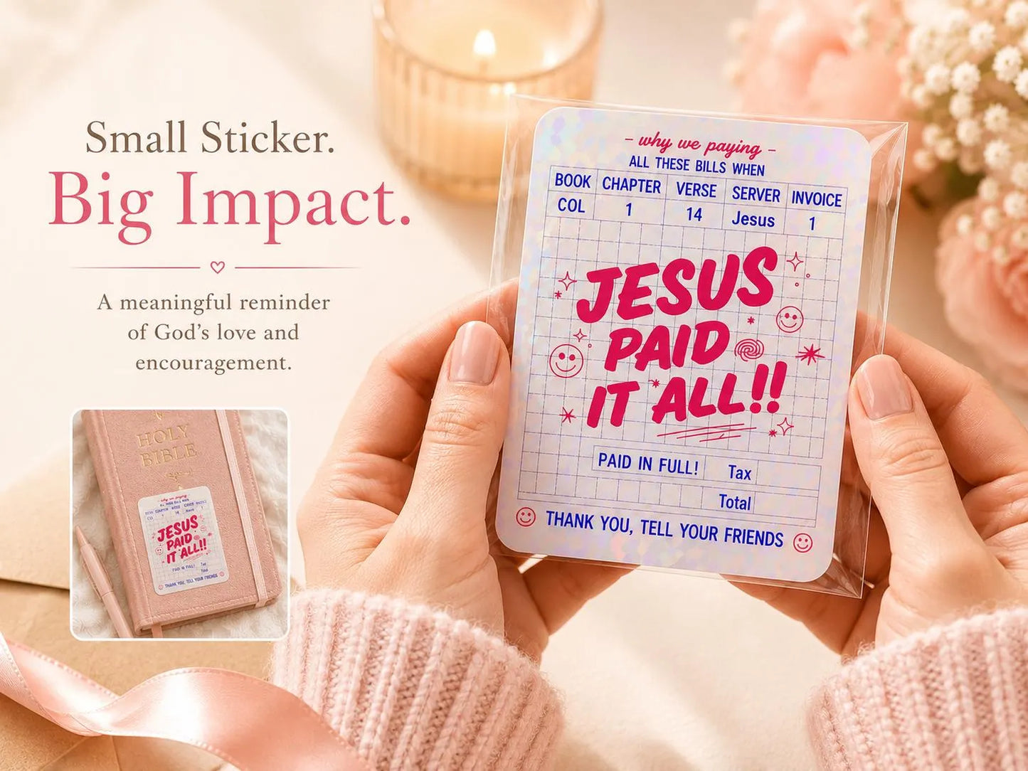 Christian faith sticker styled with feminine Bible study and devotional accessories