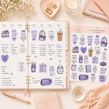Purple Bible-inspired stickers used in a weekly planner beside the complete Christian sticker sheet.
