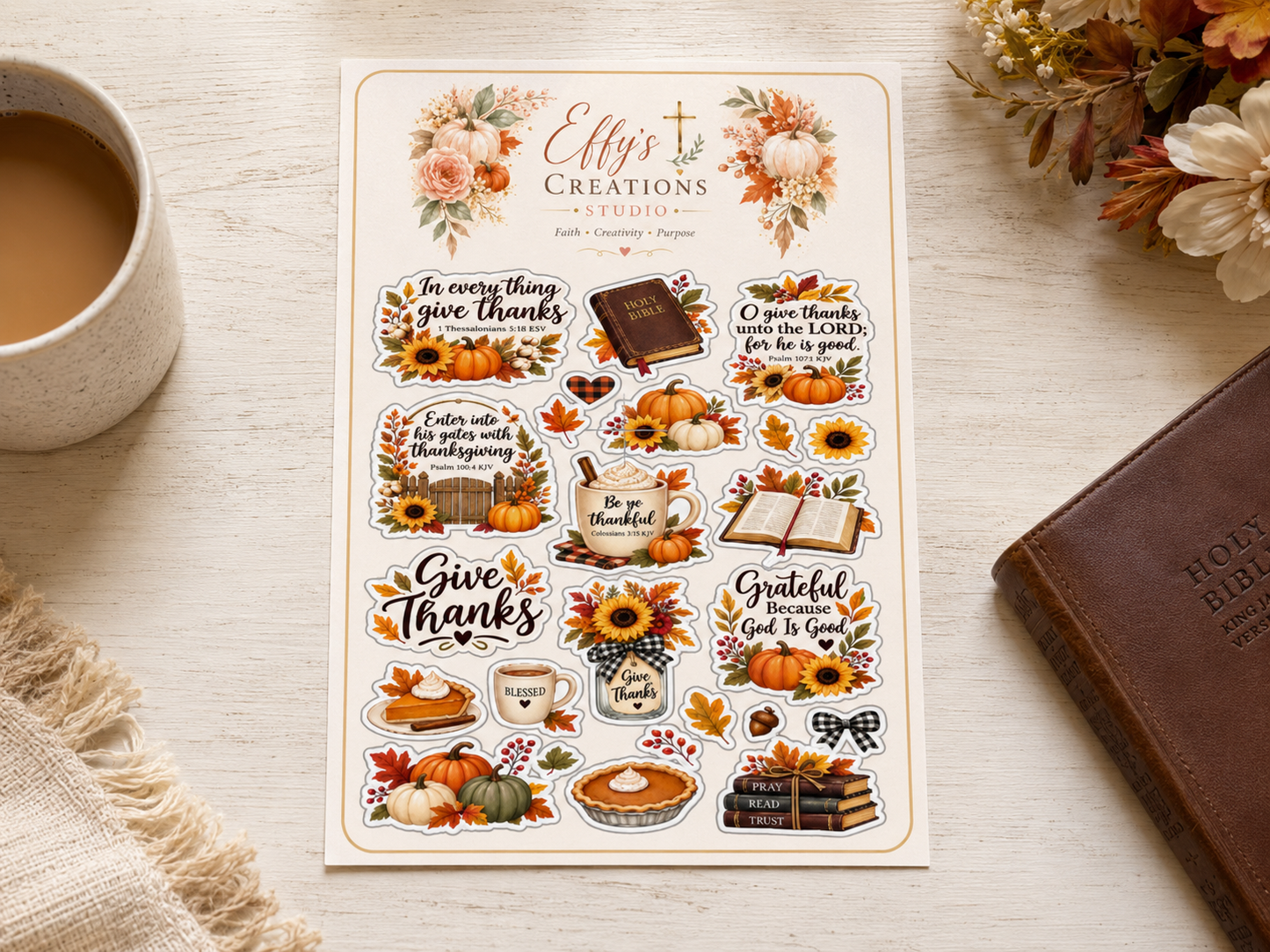 Christian fall sticker sheet with Bible verses, pumpkins, sunflowers, autumn florals and gratitude designs