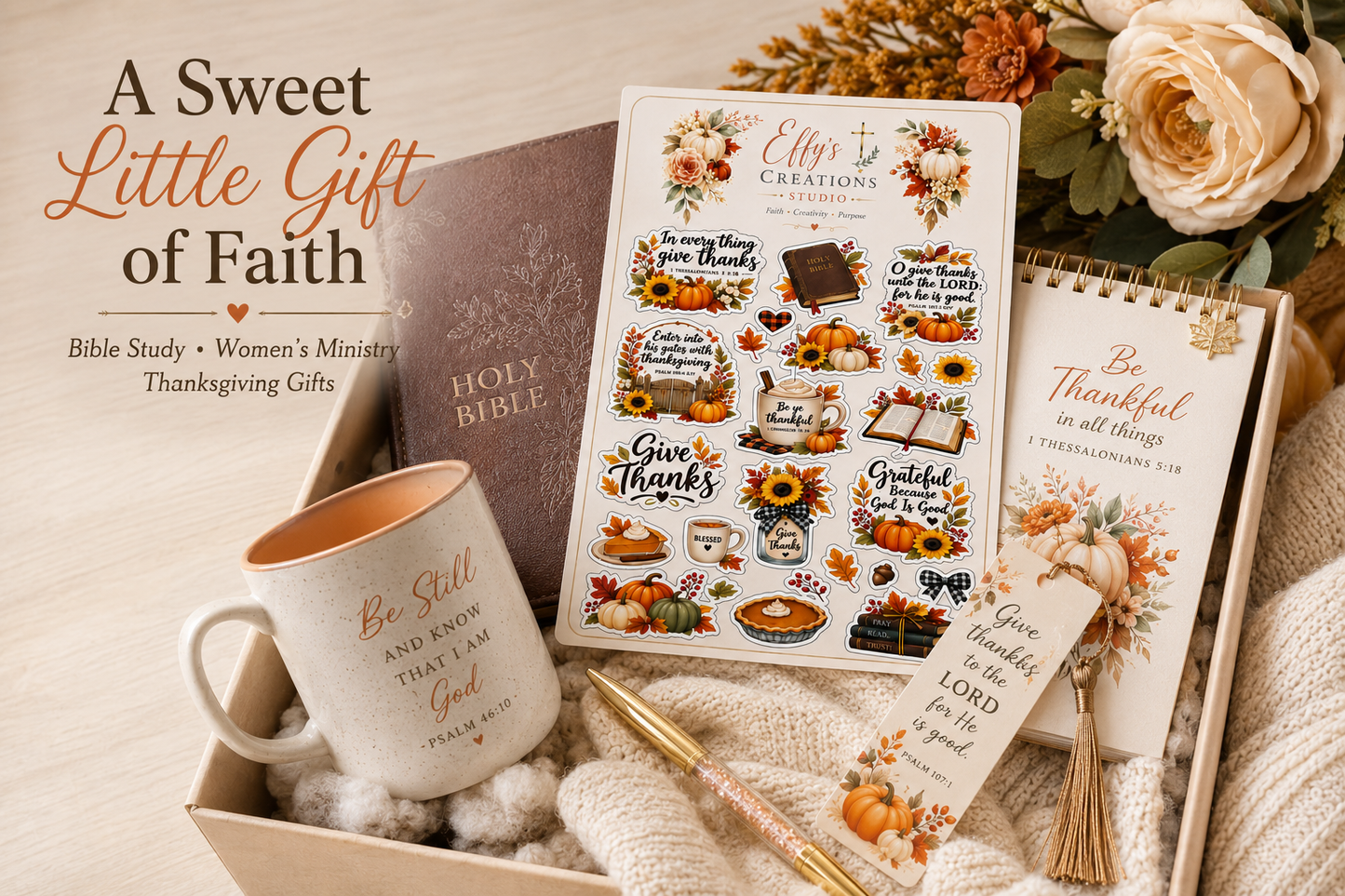 Christian fall sticker sheet styled as a small faith gift with Bible study and autumn accessories