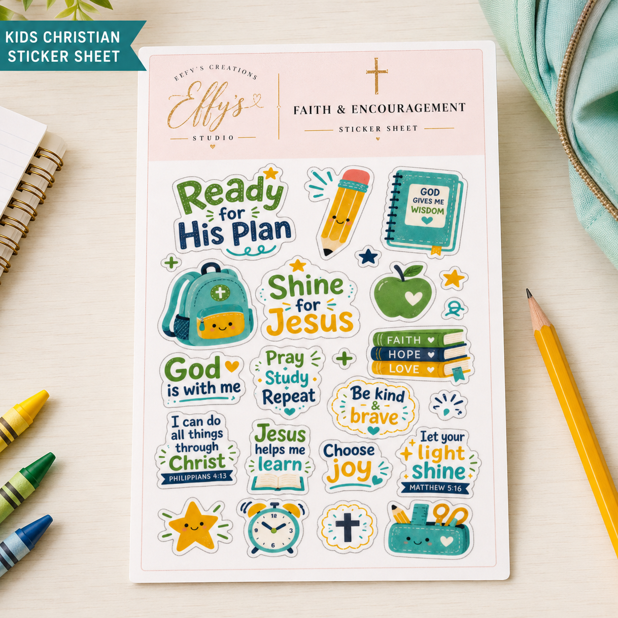 Christian kids Bible sticker sheet with faith encouragement, school supplies, Scripture and colorful back-to-school designs