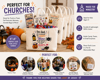 Christian 8x8 kids tote bags displayed for church Trunk or Treat events, Sunday school, fall festivals, retreats, and ministry gifts.