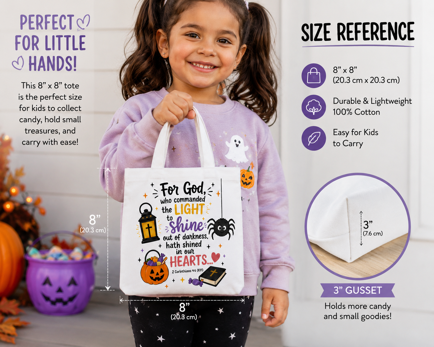Christian kids tote bag size and feature guide showing 8x8-inch dimensions and fall outreach use.