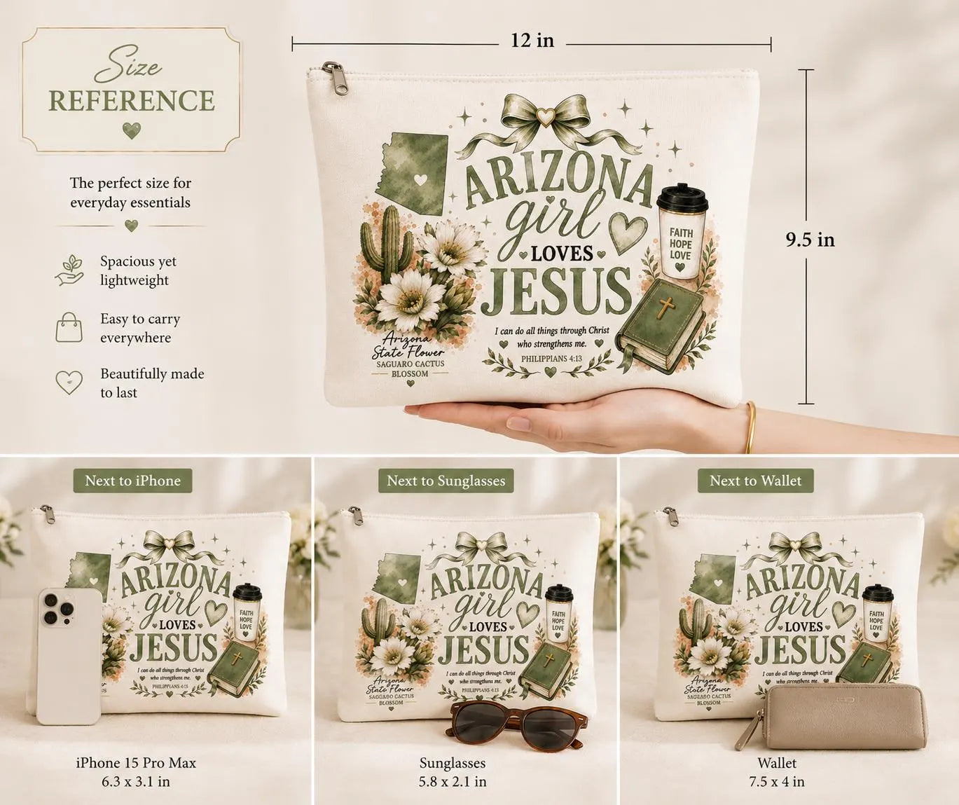 12 by 9.5 inch Christian makeup bag size reference