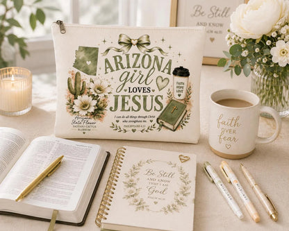Christian makeup bag used as a Bible study pouch with faith journaling supplies