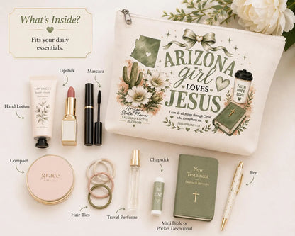Christian makeup bag holding cosmetics and everyday essentials
