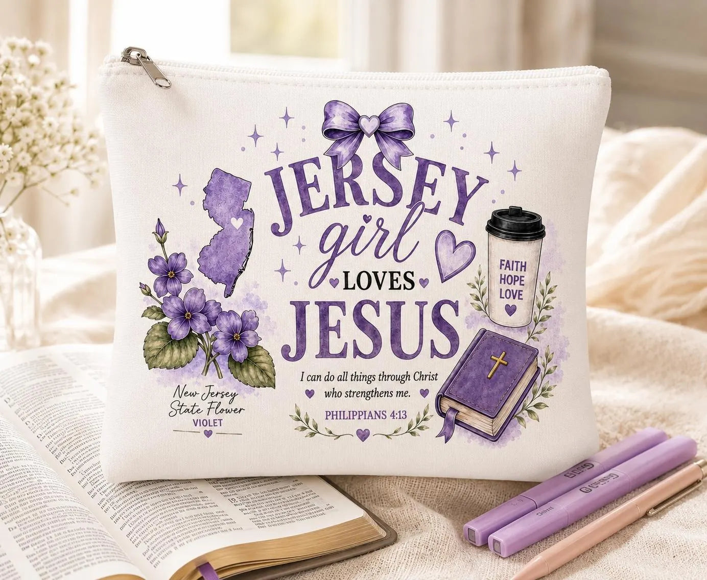 Jersey Girl Loves Jesus Christian makeup bag with lavender florals and Philippians 4:13