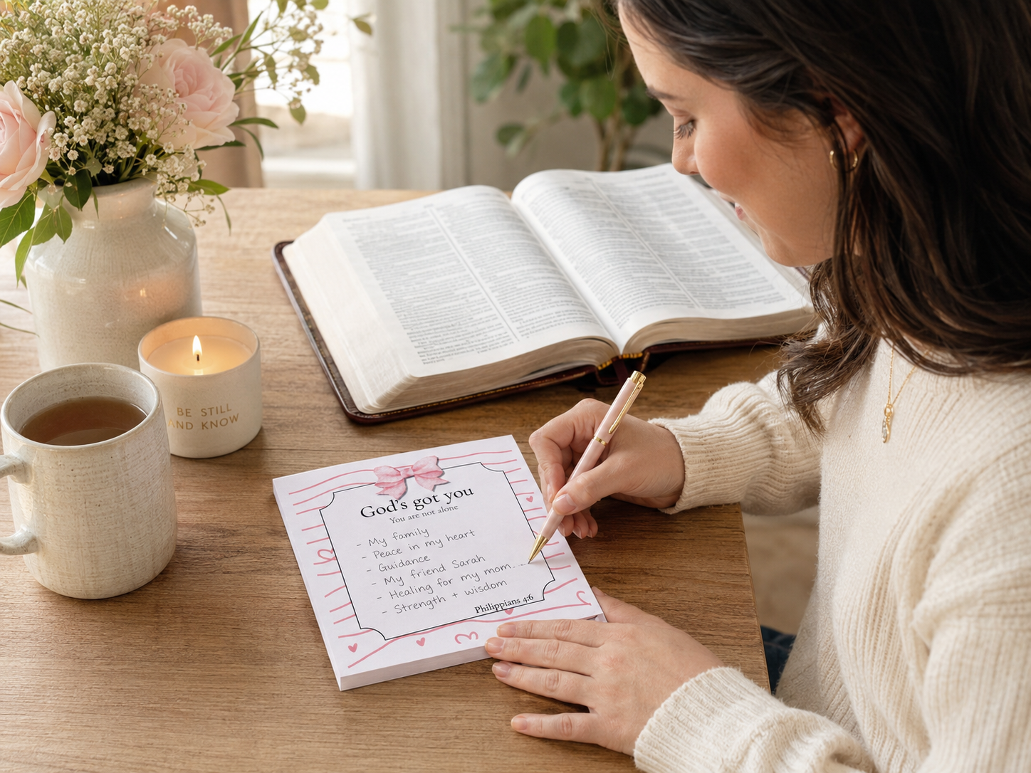 Christian prayer notepad being used for faith-filled notes and reminders