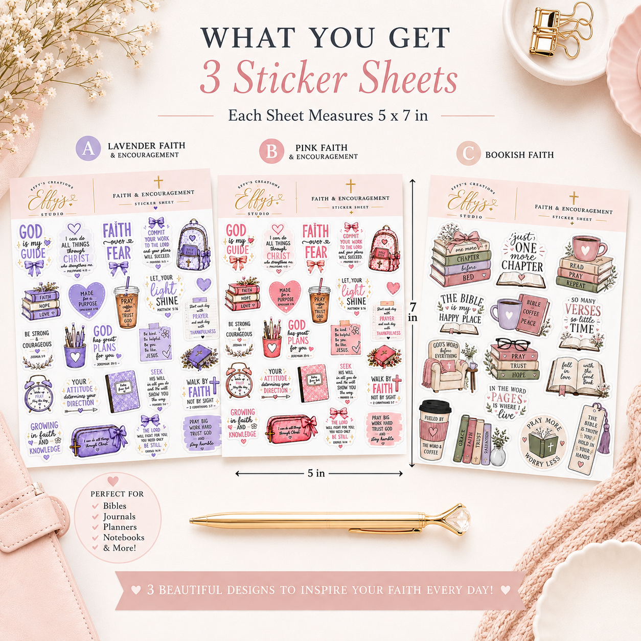 Three 5x7 Christian sticker sheets shown with bundle size and product details