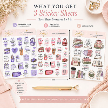 Three 5x7 Christian sticker sheets shown with bundle size and product details