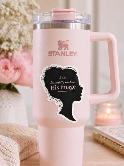 Made in His Image Christian sticker displayed on a pink cup