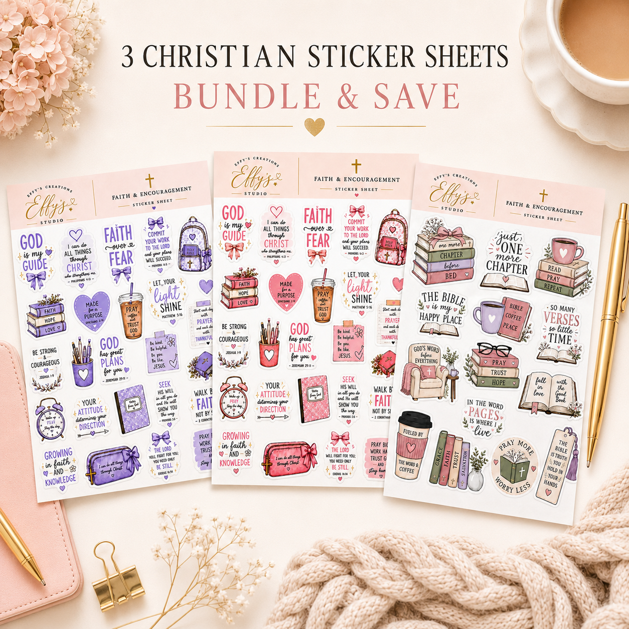 Three Christian sticker sheets bundled together with faith, Bible journaling and bookish designs